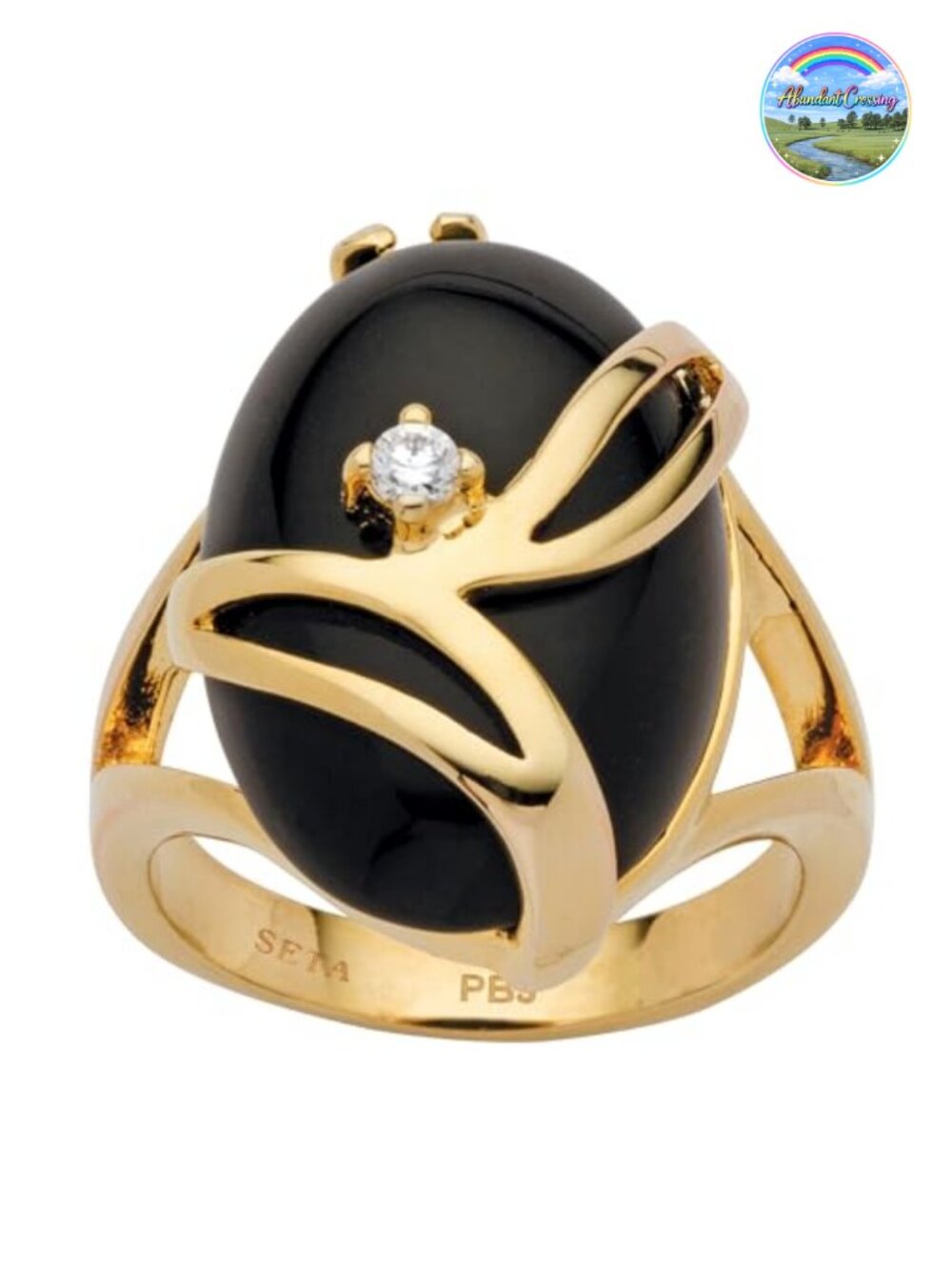 14k Gold-Plated Oval Black Onyx & Crystal Ring Size 8